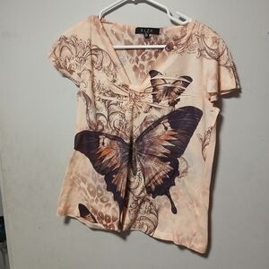 B.L.U.E. Brand Beautiful  Petite Ladies Butterfly Print Top. Size PL.